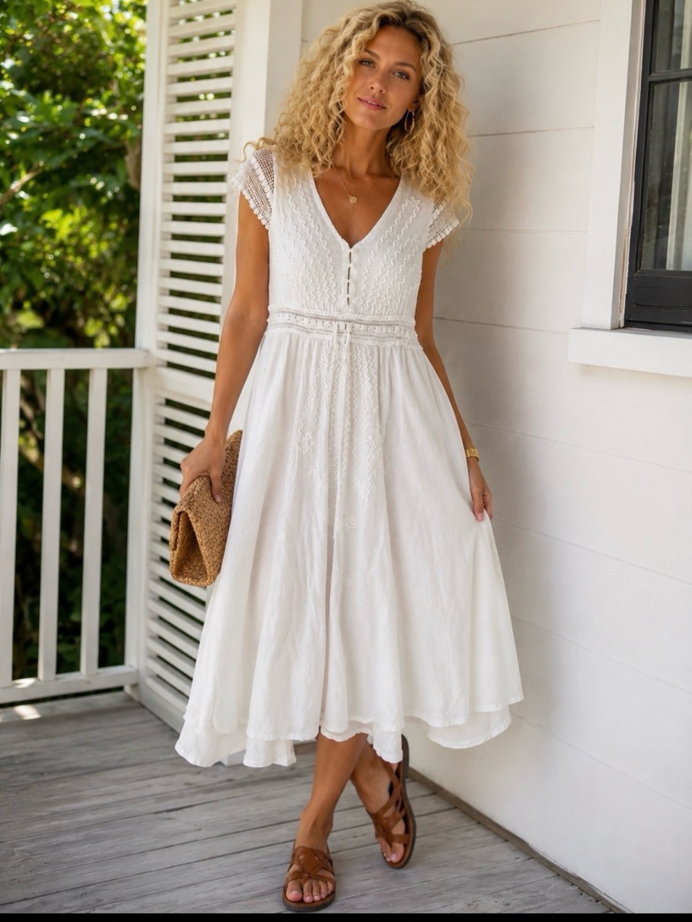 White Cotton Midi Dress with Lace Trim